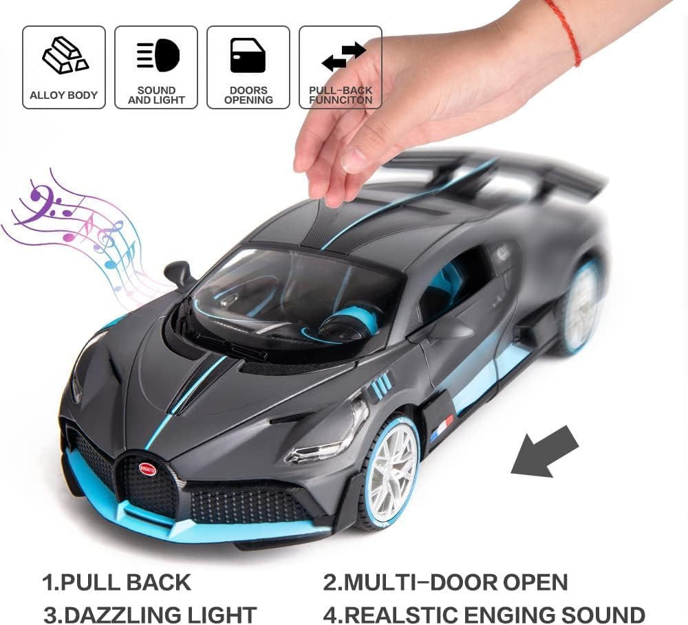 Bugatti Divo 1:32 Exclusive Alloy Metal Pull Back Die-cast Car Diecast Metal Pullback Toy car with Openable Doors & Light, Music Boys Gifts Toys for Kids