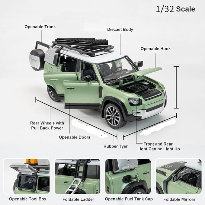Range Rover Defender 1:32 Scale Model Car Exclusive Alloy Metal Pull Back Die-cast Car Metal Pullback Toy car with Openable Doors & Light Music Best Gifts Toys Kids