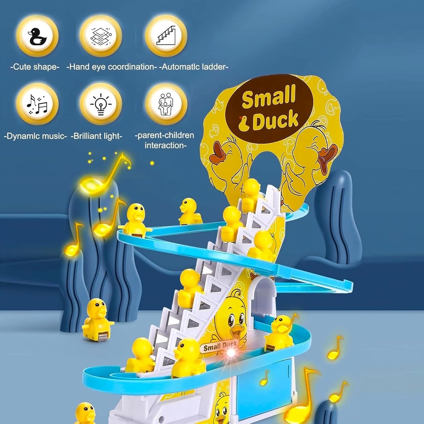 Duck Slide Toy Set, Funny Automatic Stair-Climbing Ducklings Cartoon Race Track Set Duck Roller Coaster Escalator Toy with Flashing Lights & Music