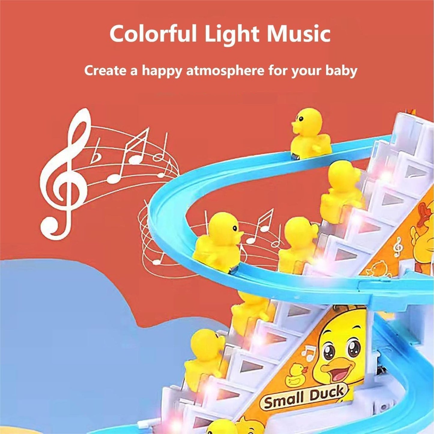 Duck Slide Toy Set, Funny Automatic Stair-Climbing Ducklings Cartoon Race Track Set Duck Roller Coaster Escalator Toy with Flashing Lights & Music