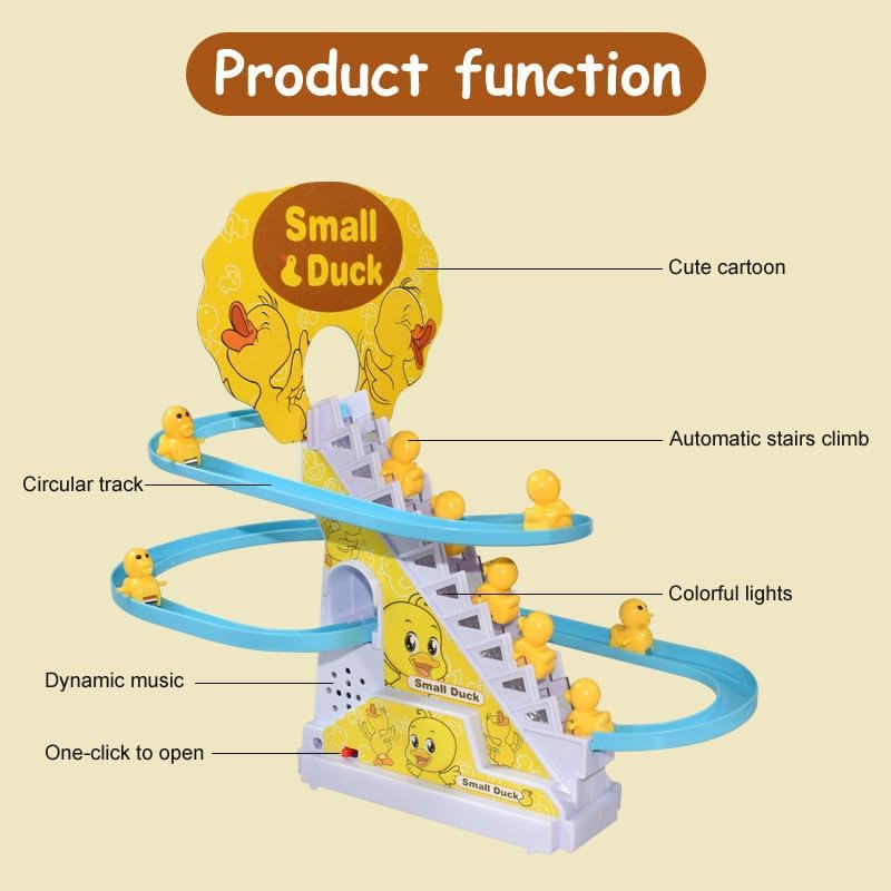Duck Slide Toy Set, Funny Automatic Stair-Climbing Ducklings Cartoon Race Track Set Duck Roller Coaster Escalator Toy with Flashing Lights & Music