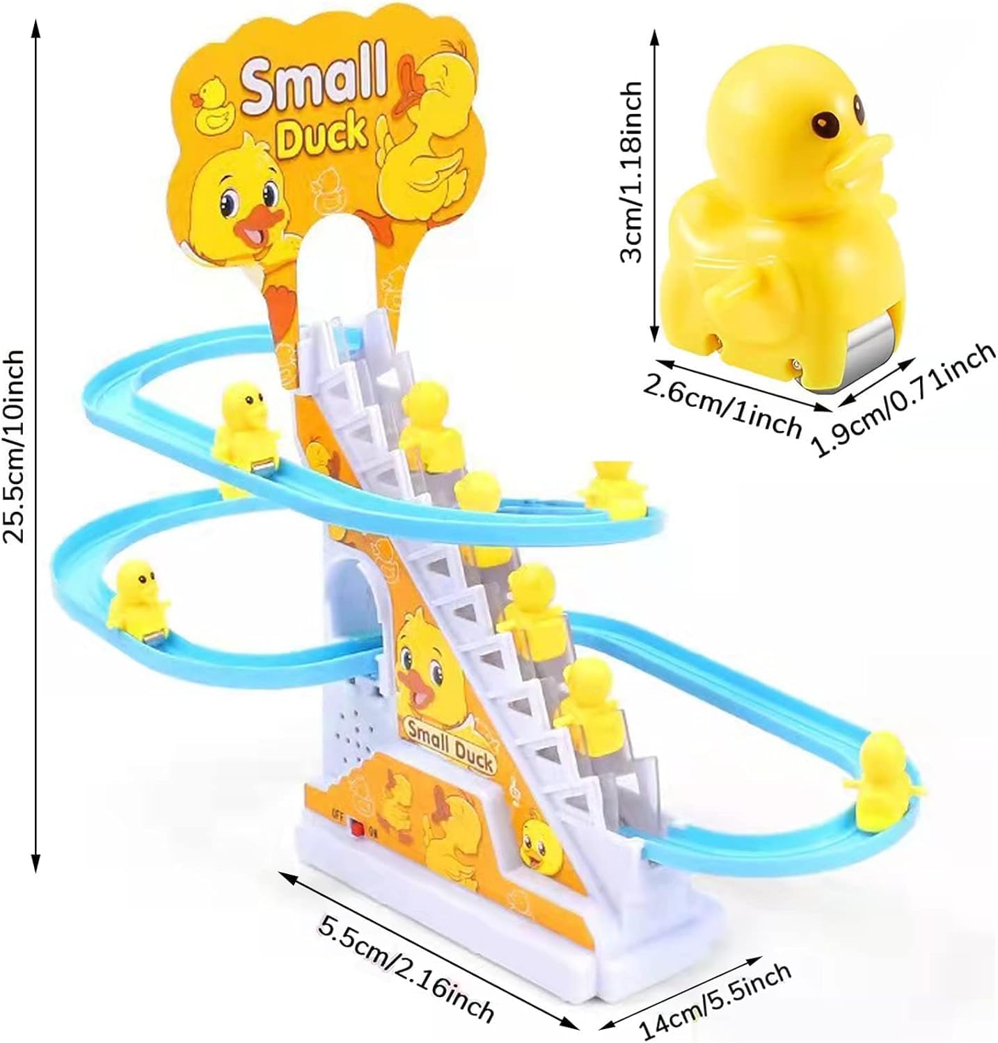 Duck Slide Toy Set, Funny Automatic Stair-Climbing Ducklings Cartoon Race Track Set Duck Roller Coaster Escalator Toy with Flashing Lights & Music