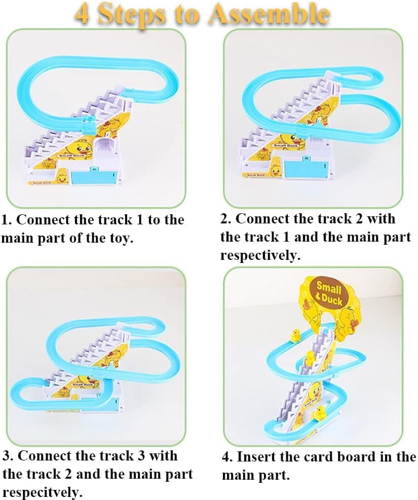 Duck Slide Toy Set, Funny Automatic Stair-Climbing Ducklings Cartoon Race Track Set Duck Roller Coaster Escalator Toy with Flashing Lights & Music