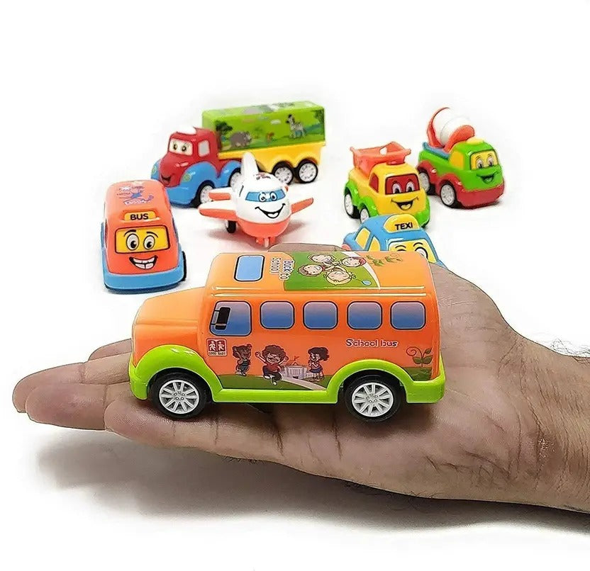 Zunbella Cartoon Vehicle Set for Kids – 7 Unbreakable Pull-Back Cars, Buses & Plane – Fun Toy Pack for Toddlers