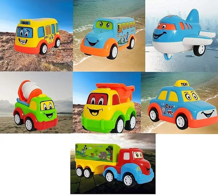 Zunbella Cartoon Vehicle Set for Kids – 7 Unbreakable Pull-Back Cars, Buses & Plane – Fun Toy Pack for Toddlers