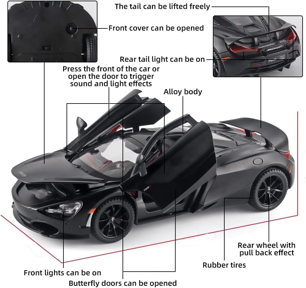 McLaren 720s Model Car Sports Car 1:32 Exclusive Alloy Metal Pull Back Die-cast Diecast Metal Pullback Toy car with Openable Doors & Light Music Gifts Toys for Kids