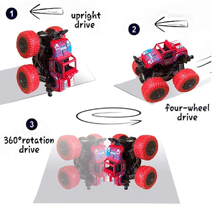 Zunbella Friction Powered Monster Truck Toy Set – 360° Stunt Cars for Kids – Set of 4 with Oversized Wheels