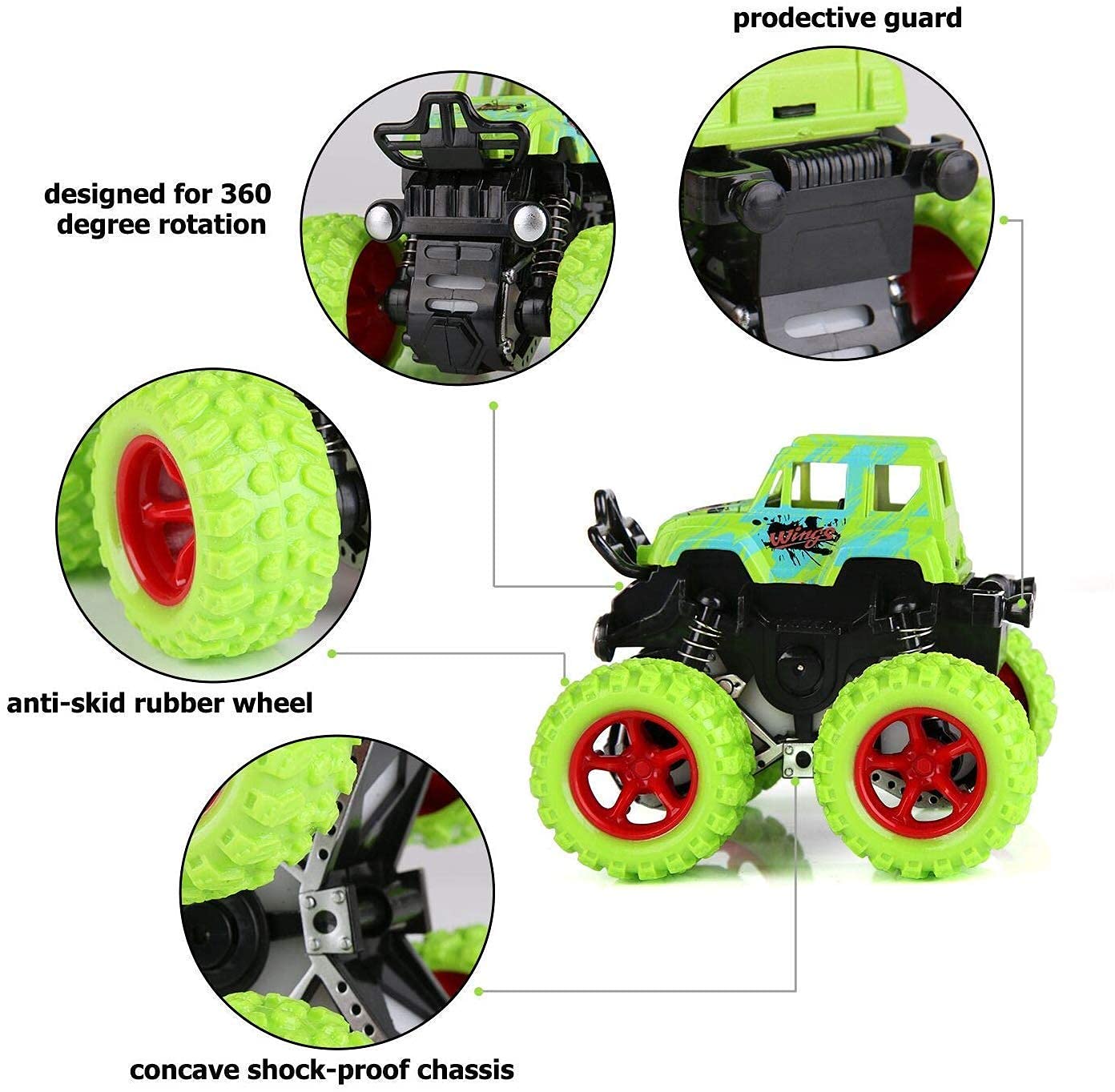 Zunbella Friction Powered Monster Truck Toy Set – 360° Stunt Cars for Kids – Set of 4 with Oversized Wheels