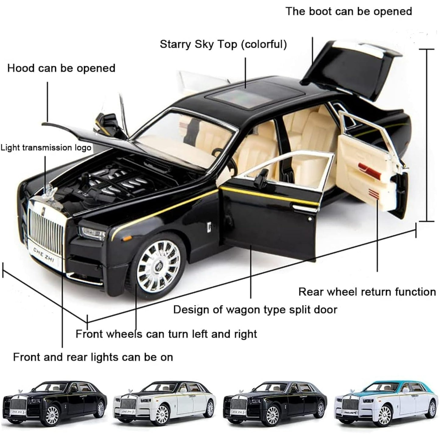 Rolls Royce Phantom Model Car 1:32 Scale Exclusive Alloy Metal Pull Back Die-cast Car Toy with Openable Doors & Light Music Boys Toys for Kids (Phantom 1:32)