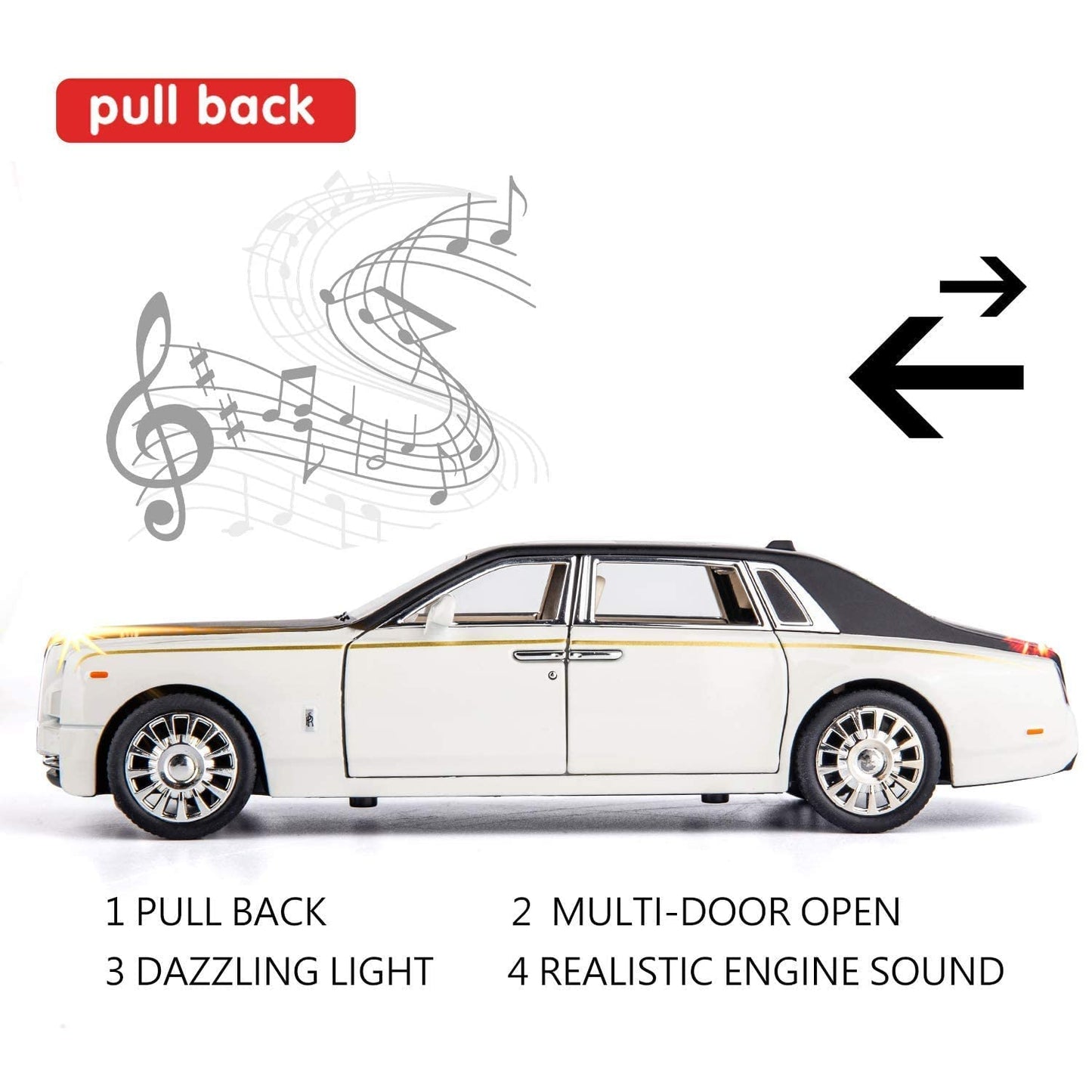 Rolls Royce Phantom Model Car 1:32 Scale Exclusive Alloy Metal Pull Back Die-cast Car Toy with Openable Doors & Light Music Boys Toys for Kids (Phantom 1:32)