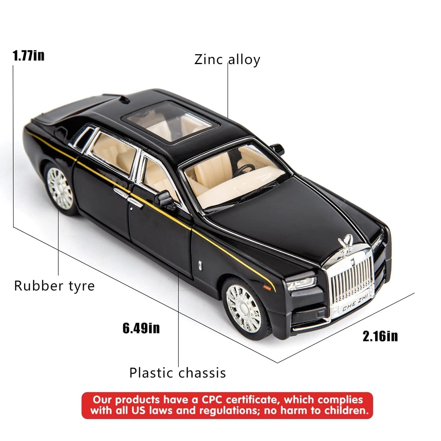 Rolls Royce Phantom Model Car 1:32 Scale Exclusive Alloy Metal Pull Back Die-cast Car Toy with Openable Doors & Light Music Boys Toys for Kids (Phantom 1:32)