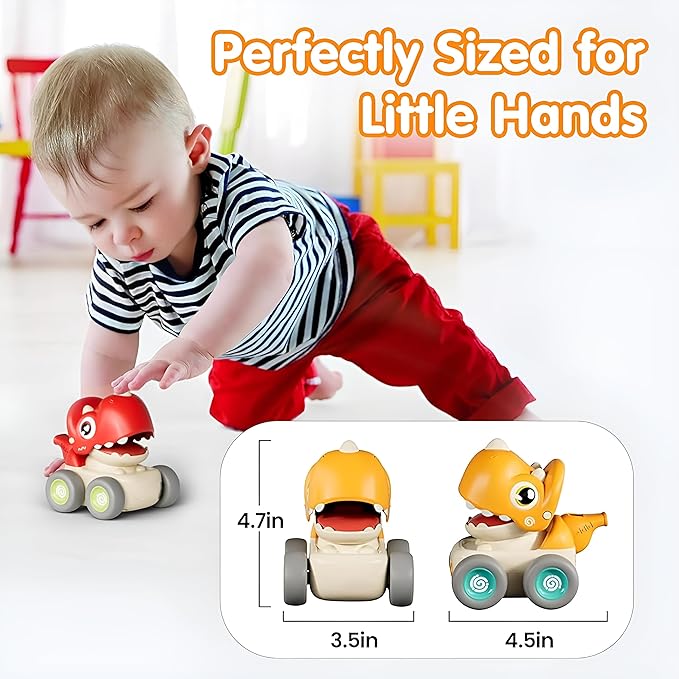 Zunbella Dino Whistle Cars – 4pc Dinosaur Cars with Sound & Motion – Fun Rolling Toys for Toddlers
