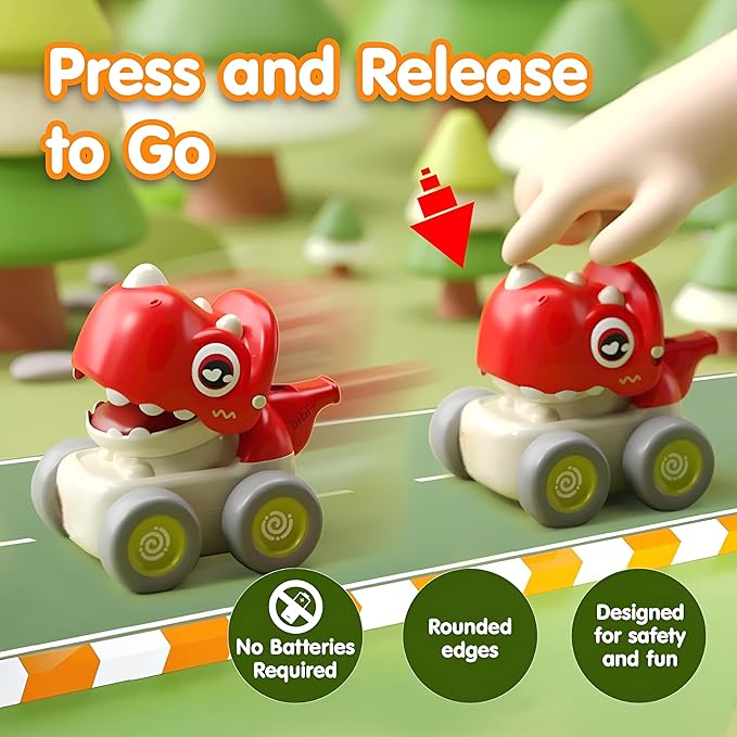 Zunbella Dino Whistle Cars – 4pc Dinosaur Cars with Sound & Motion – Fun Rolling Toys for Toddlers