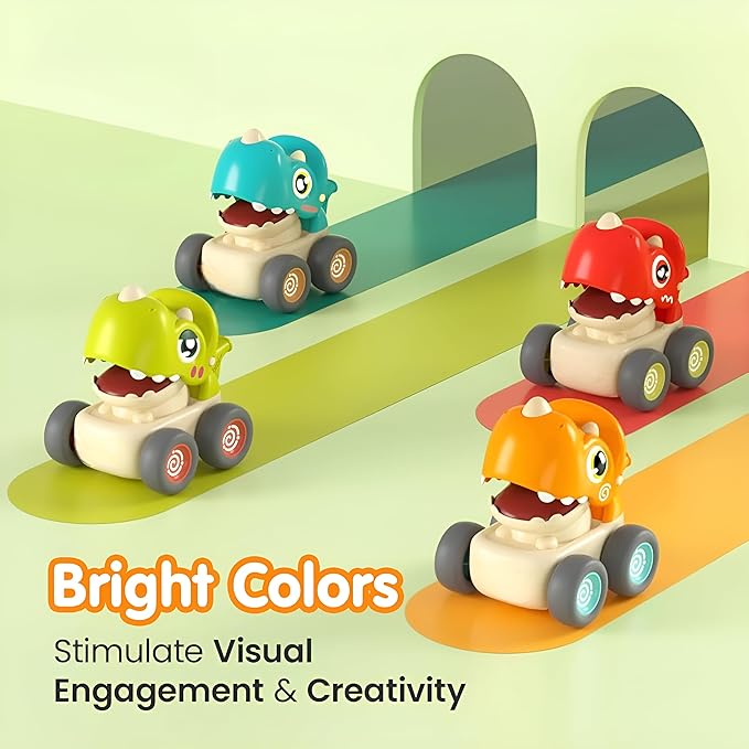 Zunbella Dino Whistle Cars – 4pc Dinosaur Cars with Sound & Motion – Fun Rolling Toys for Toddlers