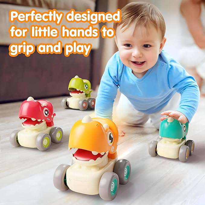 Zunbella Dino Whistle Cars – 4pc Dinosaur Cars with Sound & Motion – Fun Rolling Toys for Toddlers
