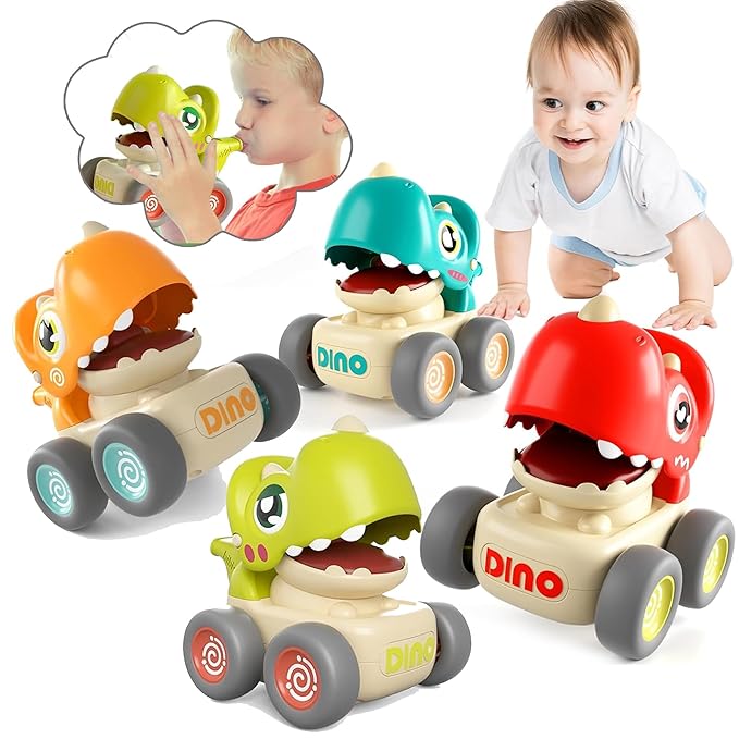 Zunbella Dino Whistle Cars – 4pc Dinosaur Cars with Sound & Motion – Fun Rolling Toys for Toddlers