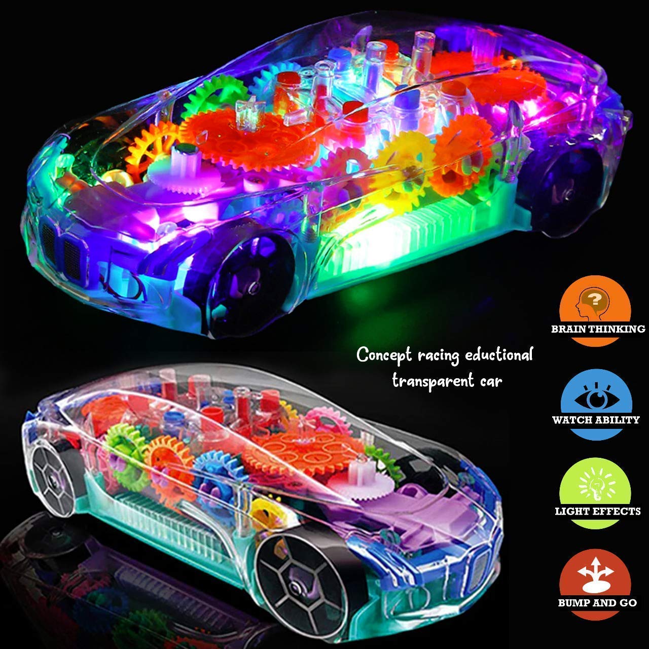 3D Transparent Mechanical Car Toy for Kids with Gear Technology 3D Light Musical Sound & 360 Degree Rotation (Gear Car)
