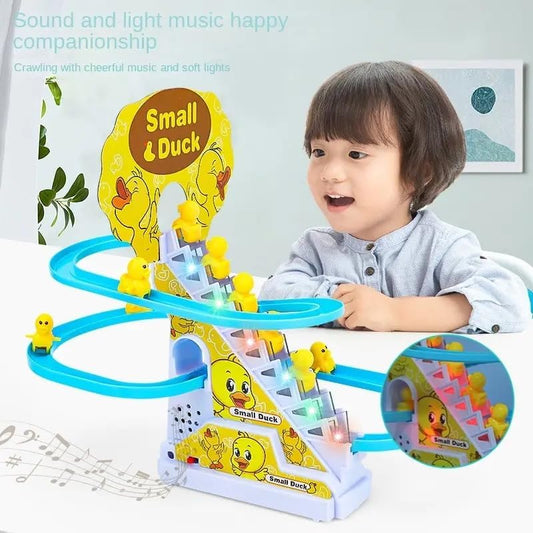 Duck Slide Toy Set, Funny Automatic Stair-Climbing Ducklings Cartoon Race Track Set Duck Roller Coaster Escalator Toy with Flashing Lights & Music