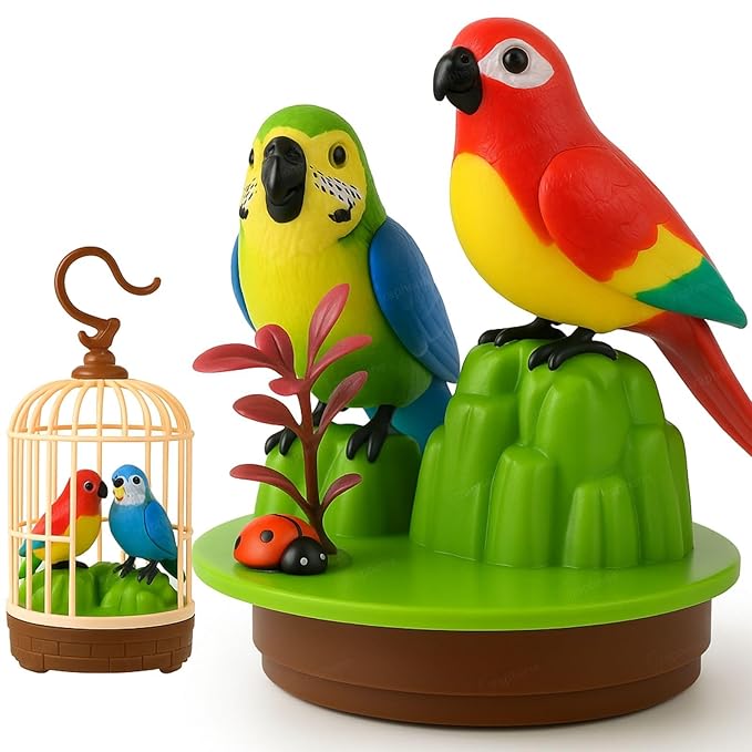 Realistic Singing & Chirping Bird Battery Operated Hanging Cage Pinjra Sensory Touch Gift for Baby Birthday Educational and Entertaining Toy Musical Singing Home Decor Garden for Kids.