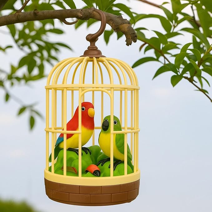 Realistic Singing & Chirping Bird Battery Operated Hanging Cage Pinjra Sensory Touch Gift for Baby Birthday Educational and Entertaining Toy Musical Singing Home Decor Garden for Kids.