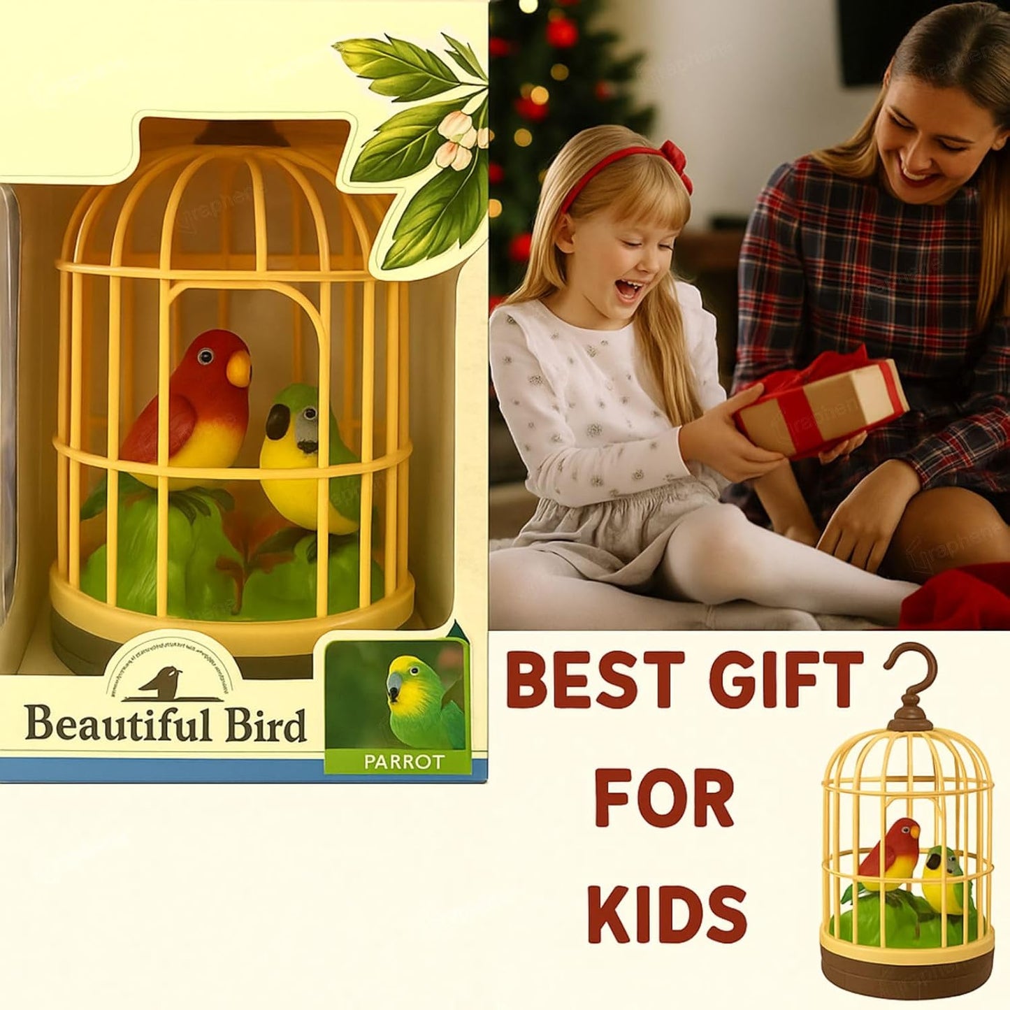 Realistic Singing & Chirping Bird Battery Operated Hanging Cage Pinjra Sensory Touch Gift for Baby Birthday Educational and Entertaining Toy Musical Singing Home Decor Garden for Kids.