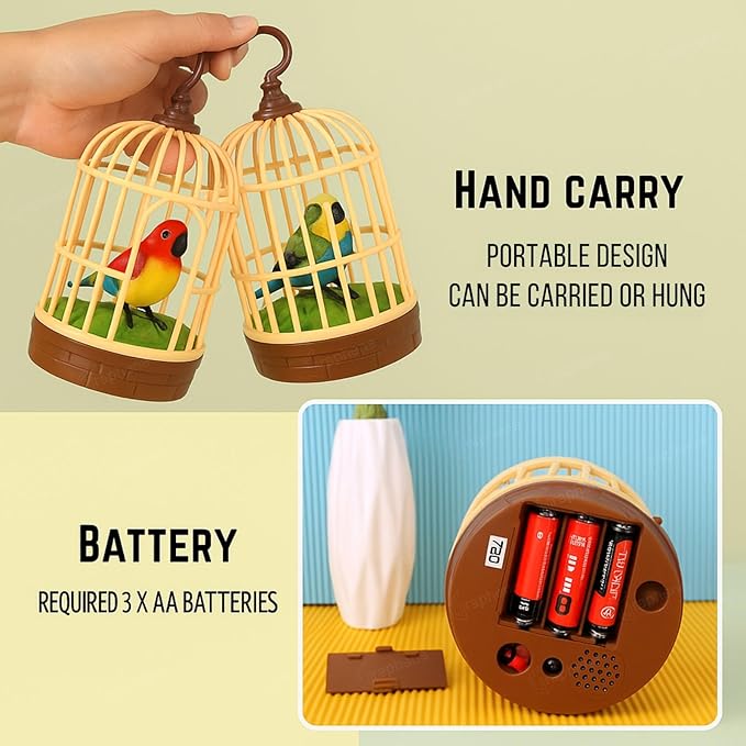 Realistic Singing & Chirping Bird Battery Operated Hanging Cage Pinjra Sensory Touch Gift for Baby Birthday Educational and Entertaining Toy Musical Singing Home Decor Garden for Kids.