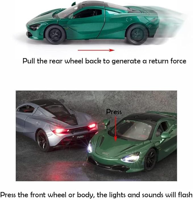 McLaren 720s Model Car Sports Car 1:32 Exclusive Alloy Metal Pull Back Die-cast Diecast Metal Pullback Toy car with Openable Doors & Light Music Gifts Toys for Kids