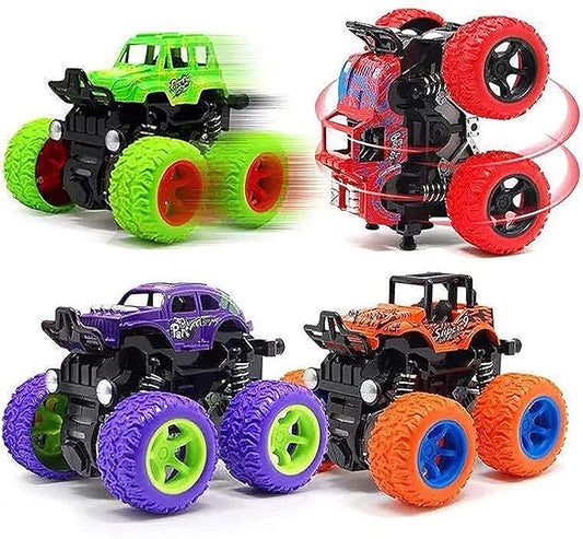 Zunbella Friction Powered Monster Truck Toy Set – 360° Stunt Cars for Kids – Set of 4 with Oversized Wheels