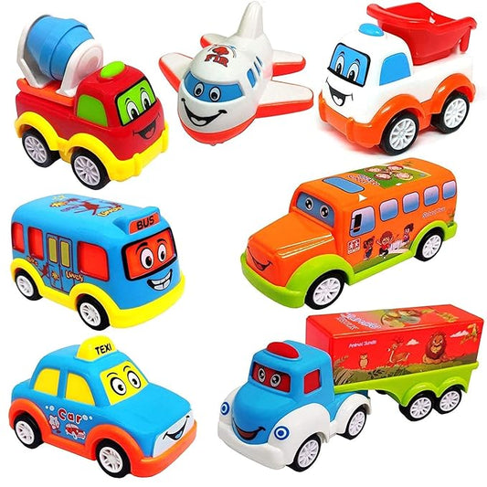 Zunbella Cartoon Vehicle Set for Kids – 7 Unbreakable Pull-Back Cars, Buses & Plane – Fun Toy Pack for Toddlers
