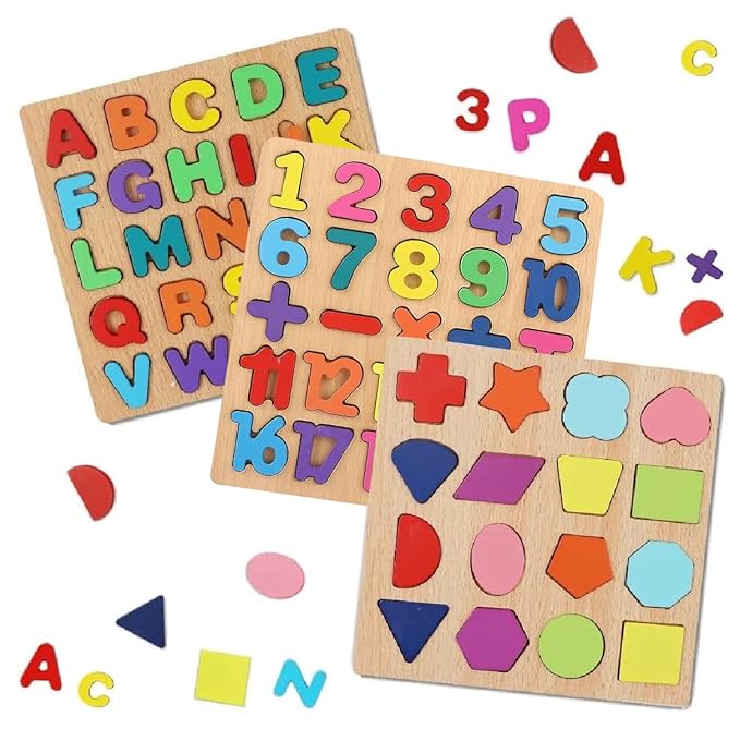 Zunbella Wooden Puzzle Set for Kids – Alphabet, Numbers & Shapes – Montessori Learning Board Trio