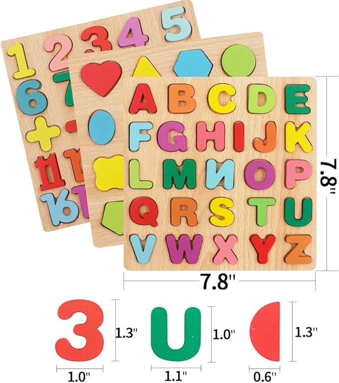 Zunbella Wooden Puzzle Set for Kids – Alphabet, Numbers & Shapes – Montessori Learning Board Trio