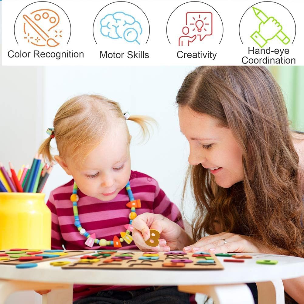 Zunbella Wooden Puzzle Set for Kids – Alphabet, Numbers & Shapes – Montessori Learning Board Trio